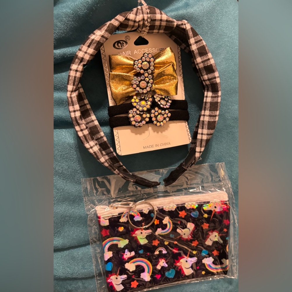 Kids Checkered Headband and Unicorn Pouch Set